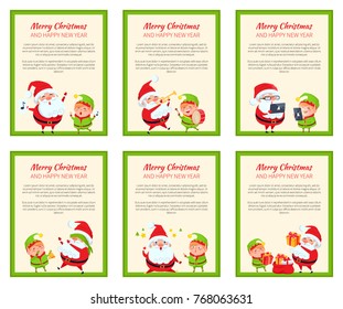 Set of cards with happy Santa and elf that are busy with celebration activities vector illustrations isolated on white backgrounds with green lines