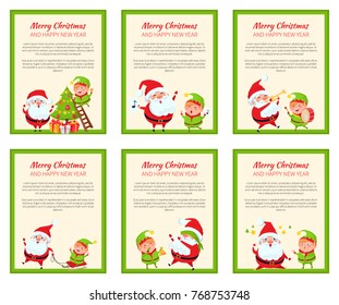 Set of cards with happy Santa and elf that are busy with celebration activities vector illustrations isolated on white backgrounds with green lines