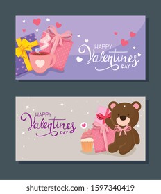 set cards of happy valentines day with decoration vector illustration design