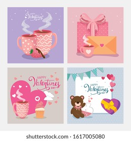 set cards happy valentines day with decoration vector illustration design