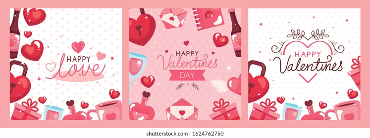 set cards of happy valentines day with decoration vector illustration design