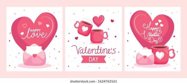 set cards of happy valentines day with decoration vector illustration design