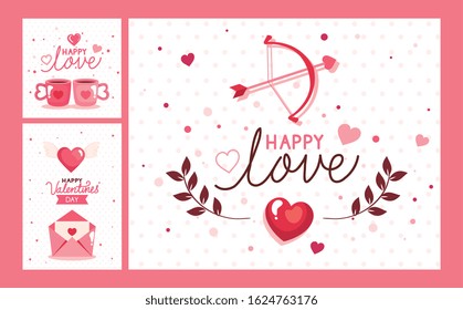 set cards of happy valentines day with decoration vector illustration design