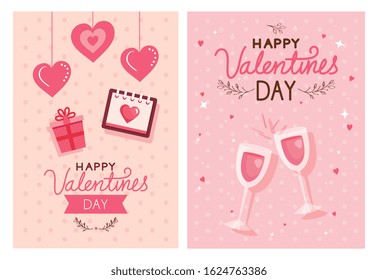 set cards of happy valentines day with decoration vector illustration design