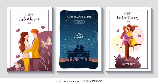 Set of cards for Happy Valentine's Day with young couples in love. Relationship, Love, Valentine's day, Romantic concept. A4 vector illustration for banner, poster, card, postcard.