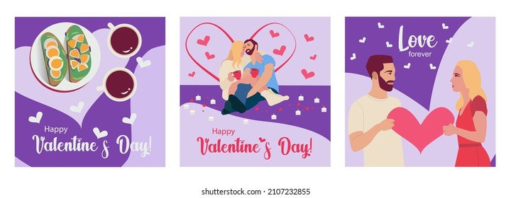 Set of cards for Happy Valentine's Day with young couples in love. Relationship, Love, Valentine's day, Romantic concept. Editable vector illustrations.