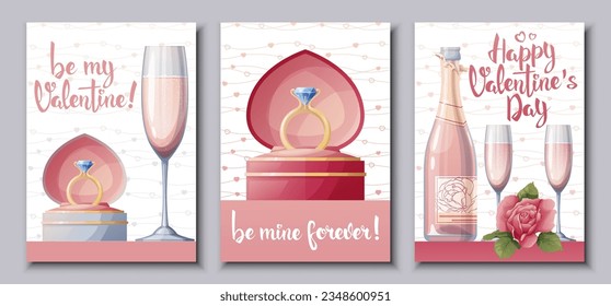 Set Karten für den schönen Valentinstag. Rosen, Geschenke, Champagner, Ehering. Feierliche, helle Postkarte, liebe kreatives Konzept. A4 Vektorgrafik für Banner, Poster, Karte, Postkarte.