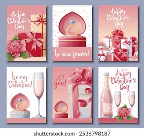 Conjunto de tarjetas para el día de San Valentín feliz. Rosas, regalos, champán, anillo de bodas. Tarjeta postal brillante festiva, concepto creativo del amor. Ilustración vectorial A4 para el Anuncio, cartel, tarjeta, postal