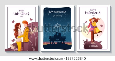 Set of cards for Happy Valentine's Day with young couples in love. Relationship, Love, Valentine's day, Romantic concept. A4 vector illustration for banner, poster, card, postcard.