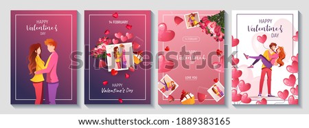 Set of cards for Happy Valentine's Day with young couples in love and romantic items. Relationship, Love, Valentine's day, Romantic concept. A4 vector illustration for banner, poster, card, postcard.