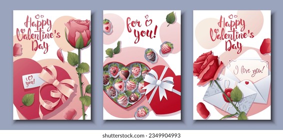 Set of cards for Happy Valentine's Day.Poster with roses, gift, chocolate covered strawberries.. Festive bright postcard, love creative concept. A4 vector illustration for banner, poster, card