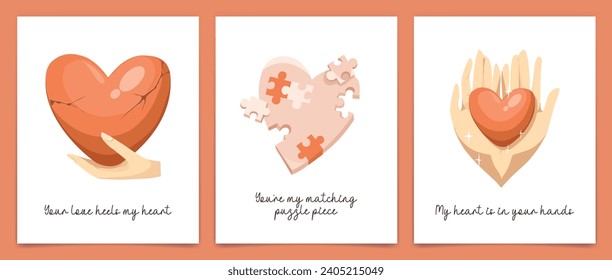 Set of cards with heart, hands for Valentines day