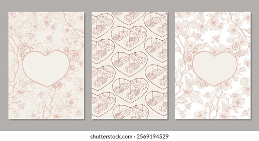 Set of cards with heart shape drawings. Valentine's day doodle illustrations. Hand drawn line art vector sketches.