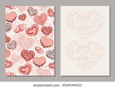 Set of cards with heart shape drawings. Valentine's day doodle illustrations. Hand drawn line art vector sketches.