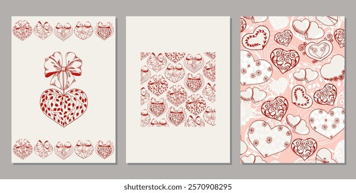 Set of cards with heart shape drawings. Valentine's day doodle illustrations. Line art vector sketches.