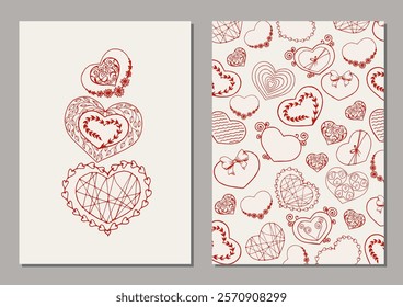 Set of cards with heart shape drawings. Valentine's day doodle illustrations. Hand drawn line art vector sketches.
