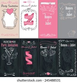 Set of  cards with  hearts,swirls,ribbons,decorative elements.Hand Drawn vintage romantic doodle elements. For wedding,Valentine day,holiday,party.Hand sketched holiday Vector.Love,outline.