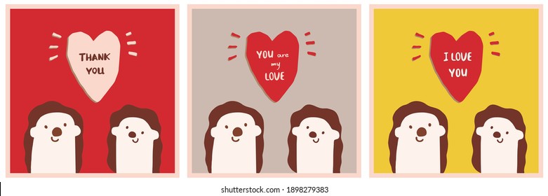 Set of cards, hedgehogs in love, cute animals with hearts, hand lettering. Collection of vector hand drawn flat gentle pastel bright retro illustrations. Cute cartoon characters. Isolated. Valentine