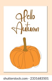 Fijar cartas Hola otoño. Fijado con calabaza. Un conjunto de ilustraciones de otoño que ilustran objetos de otoño, hojas y comodidades domésticas. Diseño vectorial de postales, afiches, banner, volante, web y otros usos