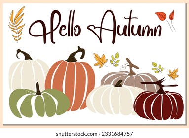 Set cards Hello Autumn. Set with pumpkins and leaf. A set of autumn illustrations depicting autumn objects, leaves, and home comforts. Vector design of postcard, poster, banner, flyer, web