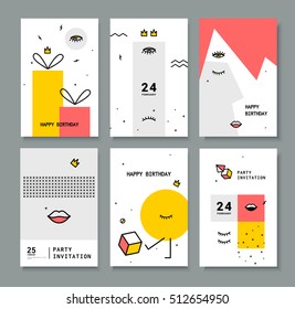 A set of cards for the holiday. Cards with design elements 80's. Bright eyes and lips for printing on fabric, invitations, parties.