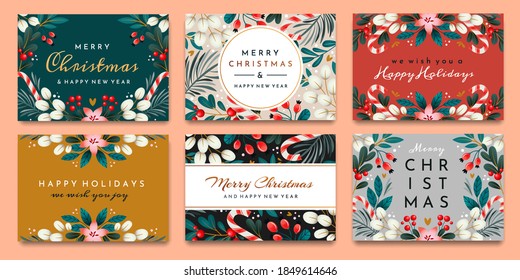 A set of cards with holiday greetings. Christmas cards with ornaments of branches, berries and leaves.