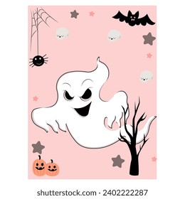 juego de cartas para la festividad fantasmas de Halloween y calabazas en un fondo rosa