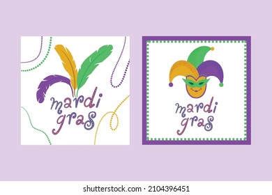 A set of cards for the holiday Mardis Gras with a jester and feathers