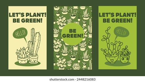 Set of cards for home plants, can be used for plant shops or farmer markets, doodle style vector illustration in green colors