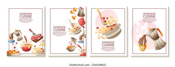 Conjunto de cartas para cocina casera, cocina o cursos culinarios, restaurantes o cafeterías.