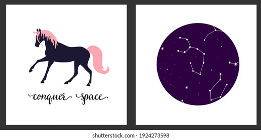 
set of cards with horse and starry sky. posters for print and design of the children's room
