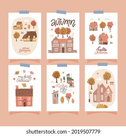 Set of cards with houses and yellow trees. Fall month, seasonal design with lettering texts. Cute Autumn cottages. Thanksgiving day. Vector flat illustration