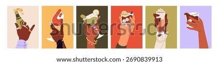 Set of cards with human hands holding different glasses of alcoholic drinks at party. People with wineglasses of cocktails, wine, bottles of beer toast and celebrate holiday. Flat vector illustrations