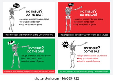 Set of cards. Human skeleton sneezing into the sleeve or hand. Coronavirus flyer with text, No tissue do the DAB. Covid-19 prevention sticker concept. Pathogen outbreak safety and protection. Vector.