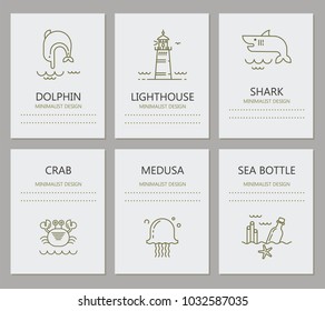 Set of cards with icons of marine life. There is a place for text