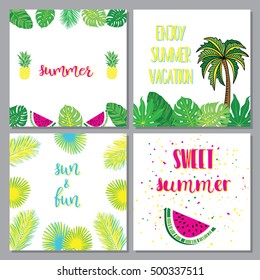 Set of cards with illustrations of summer. Inscriptions, calligraphy, lettering.