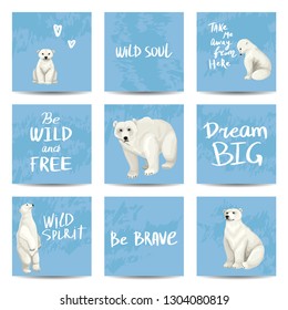 Set of cards with illustrations of various white polar bears. Handwritten text with motivational signatures. Collection of nine prints design. Blue background. Vector cartoon character drawing.