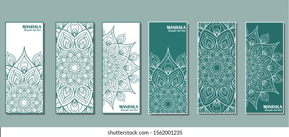 Set of cards with the image of a circular mandala in turquoise color.