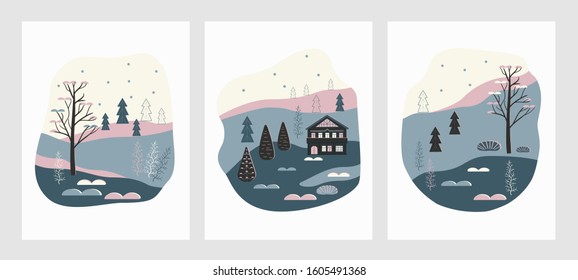 Set of cards with image of nature in winter, abstract plants, house, hotel in  forest, landscape.  Concept, banner, postcard, invitation. Vector illustration
