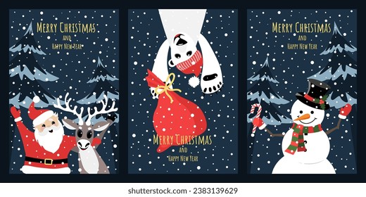 A set of cards with images of Santa Claus, a bear, and a snowman. Design elements for flyer, banner, postcard.