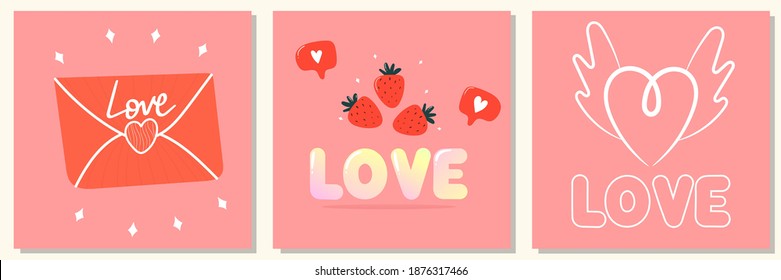 set of cards with the inscription love, envelope and strawberries