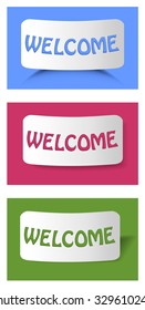 Set of cards with inscription welcome on cambered paper. Three colors - blue, dark pink and green, three different arts of shadow. Useful as design element for presentation, template, leaflet, poster