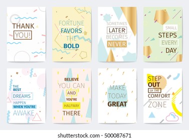 Set of cards with inspirational quotes on abstract geometric backgrounds with hand drawn elements. Typography