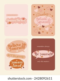 Set of cards with inspirational speech bubbles with compliments, quotes about love for yourself and others. Cartoon icons, stickers, vector. Vector illustration