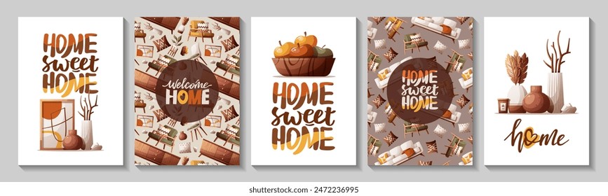 Set of cards with interior decor, cozy sofa, armchair, vases, pillows. Handwritten lettering. Vector illustration for postcard, poster, card.