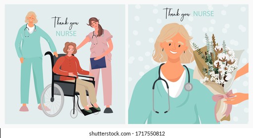 Set of cards for International Nurses Day. Nice vector flat illustration with nurses and a female patient in a wheelchair. Thank you doctor and nurse.