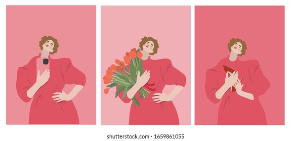 Set of cards for International Women's Day or Valentine's Day. Romantic woman with a bouquet of tulips, taking pictures of herself on the phone, receiving shoes as a gift. Dreaming girl in love. 