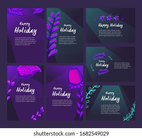 Set of cards, invitation templates. Floral elements on a dark background with rays of light and speckles of dust. Modern floral elements. Space for text. 