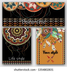 A set of cards for invitations and greetings with boho elements. Decorated with ethnic patterns
