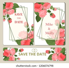 A set of cards for invitations or greetings. Save the date. The inscription in an elegant frame is decorated with bouquets of roses and leaves. Elegant postcard layout. Invitation to a celebration